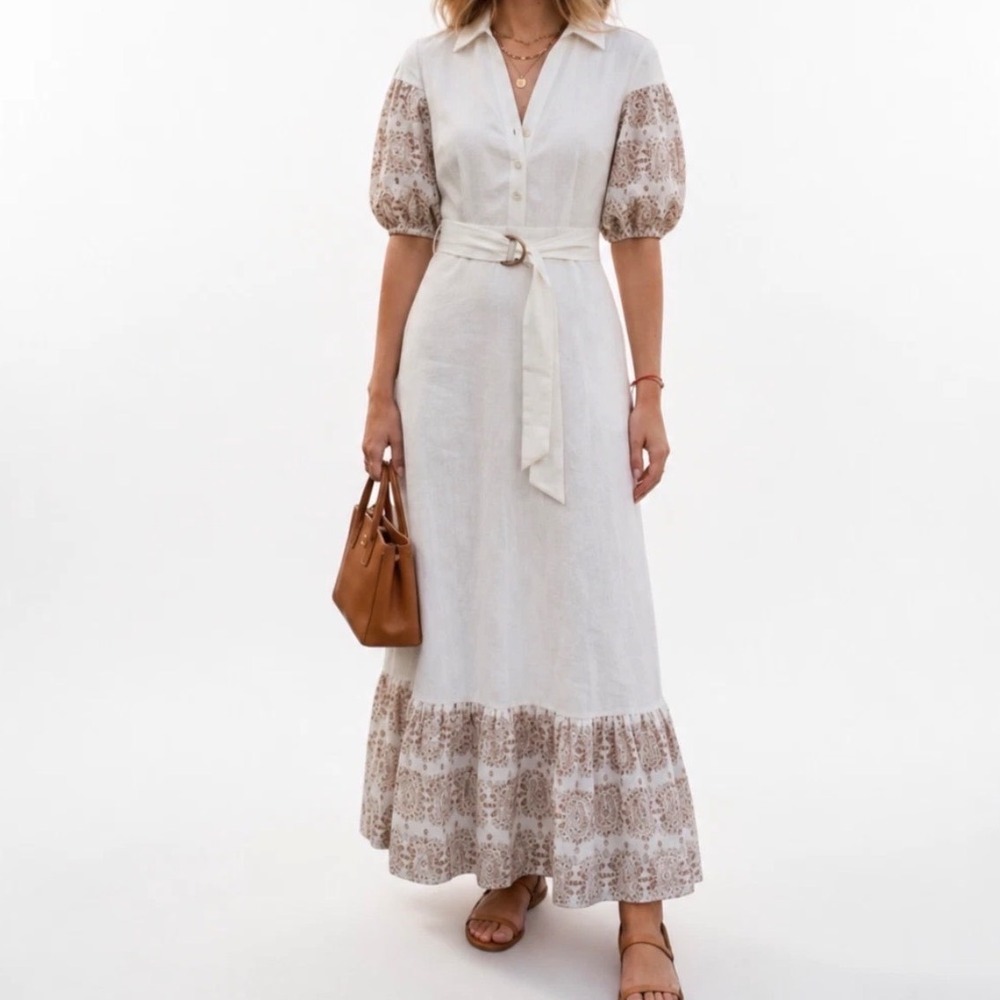 Solitaire Boho Dress Womens L Cream Embroidered Puff Sleeve Belted Linen Blend